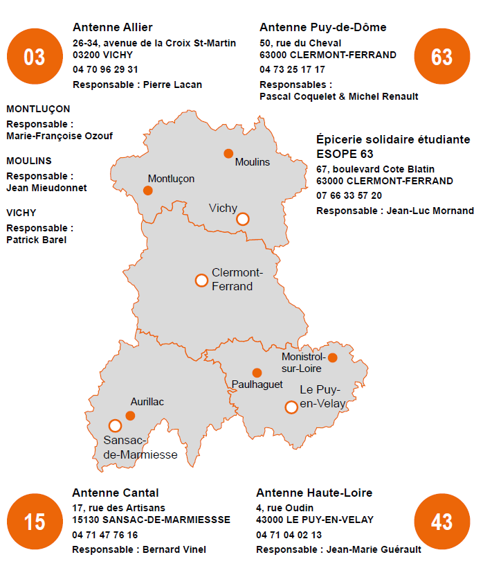 Localisation des antennes de la Banque Alimentaire d'Auvergne